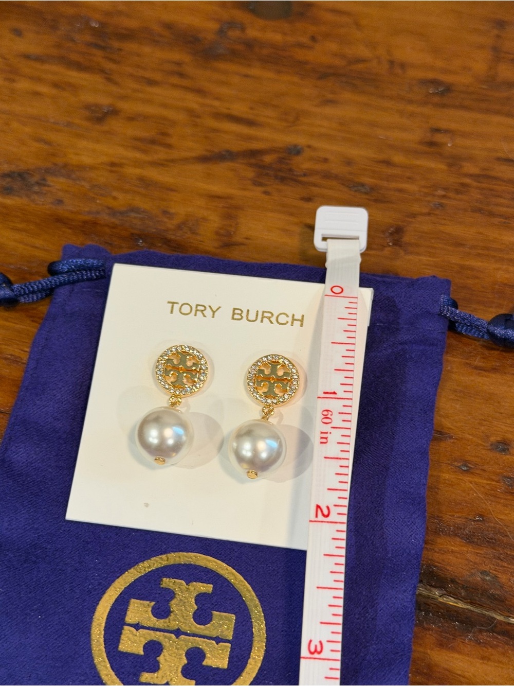 Tory Burch Gold Logo Pearl Drop Earrings with Dust Bag NWT - Picture 5 of 5